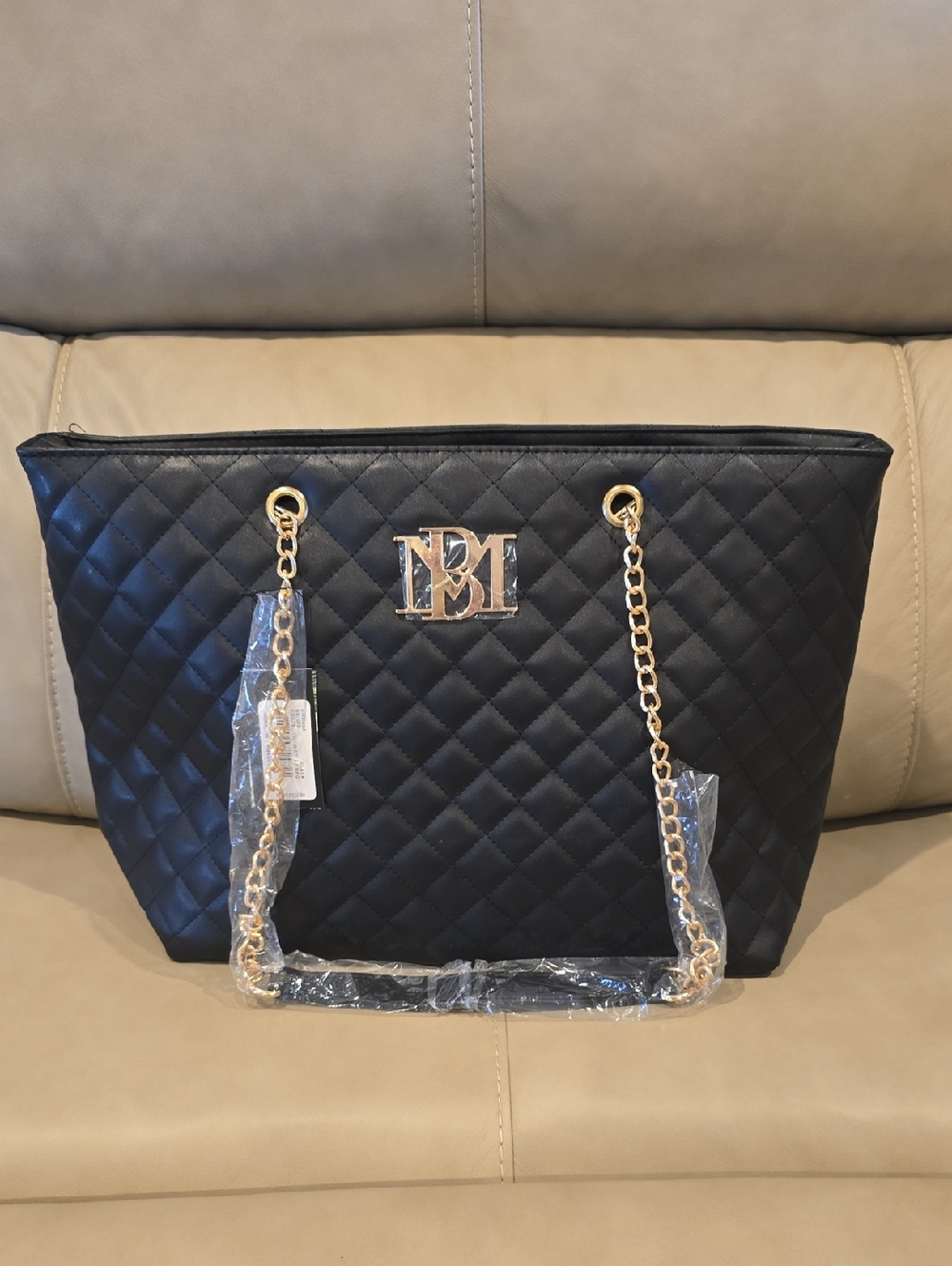 Badgley Mischka Black Quilted Tote with Gold Chain Accents
